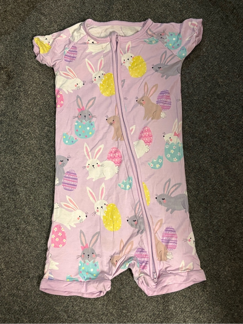Little Sleepies Lavender Bunny Zip Romper with Pastel Eggs